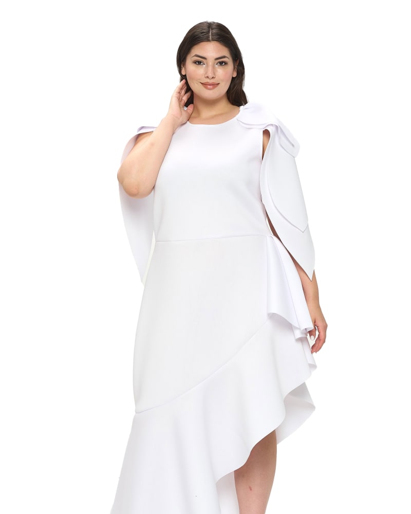 Front of a model wearing a size 3X Kaskade Ruffled Neoprene Dress in White by L I V D. | dia_product_style_image_id:302570